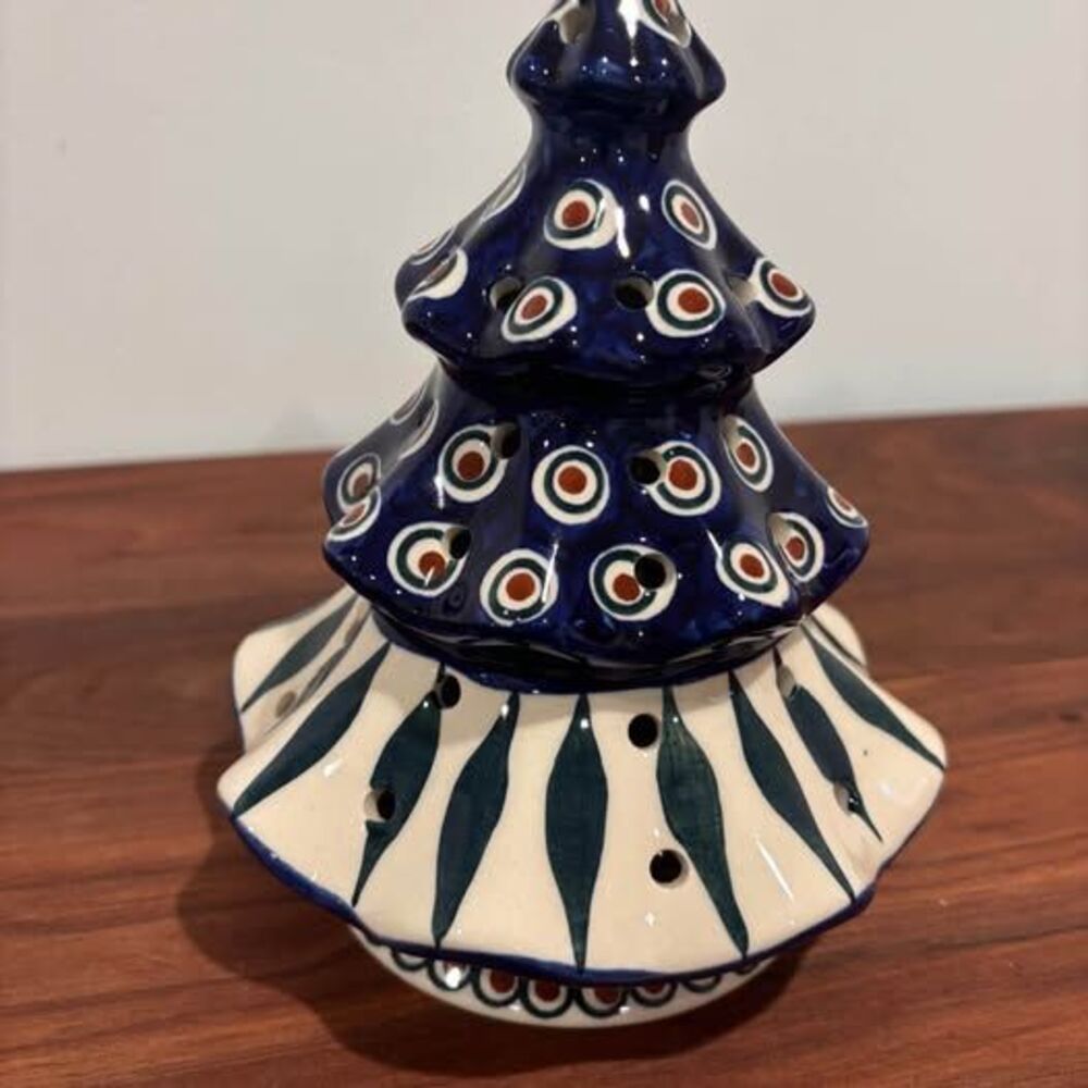 Manufaktura Polish Pottery Christmas Tree Luminary 7.5” Peacock Eye Cobalt Blue